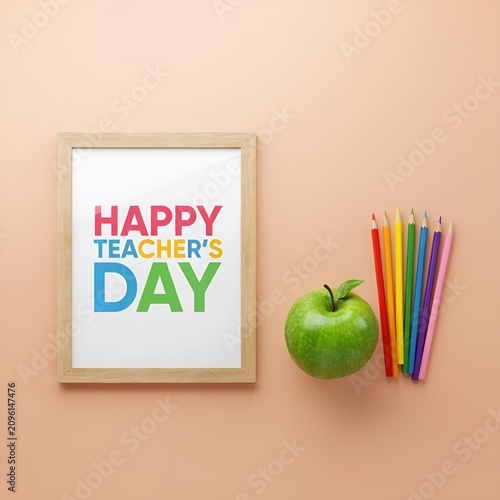 Happy Teachers Day colorful poster with apple and pencils on wall.
