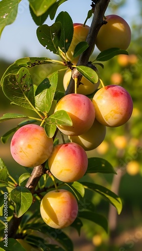 Ripe red apples hanging on a tree branch.