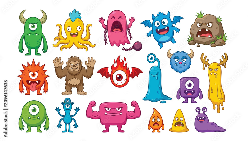 Fototapeta premium Cute and funny cartoon monsters collection vector illustrations set featuring colorful fantasy creatures ghosts aliens and beasts