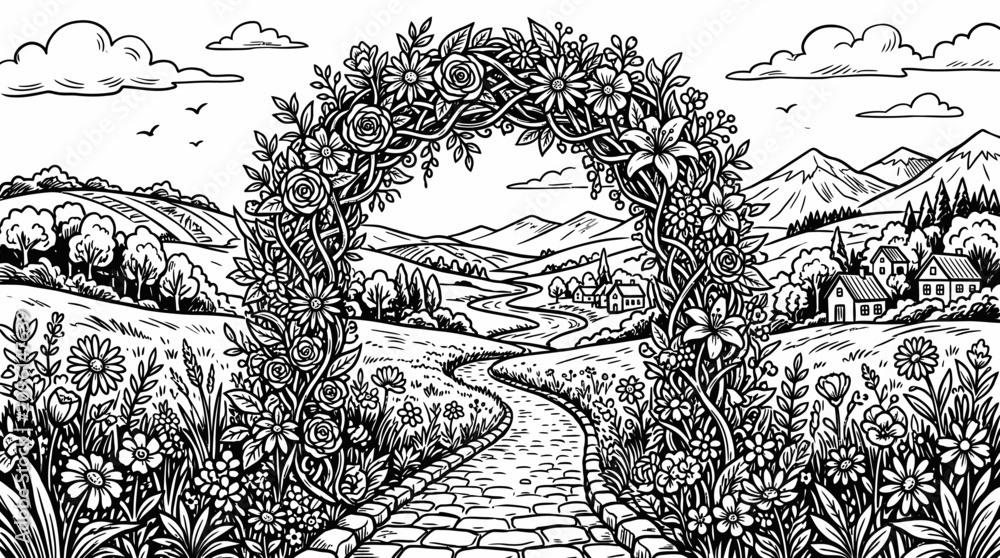 Fototapeta premium a stone pathway leading through a floral archway in a mountainous landscape.