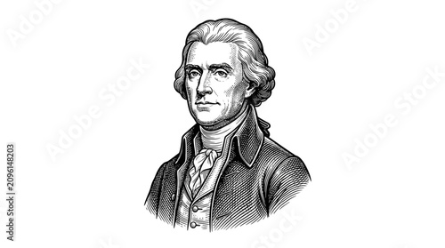 Engraved illustration of Thomas Jefferson portrait isolated on white background.