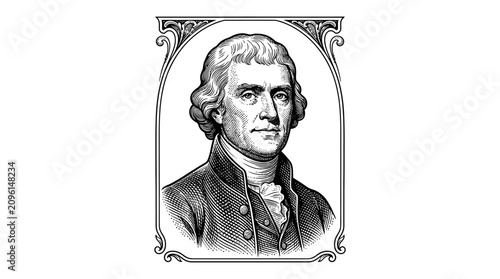 Fotografía Engraved portrait illustration of Thomas Jefferson inside an ornate vintage frame