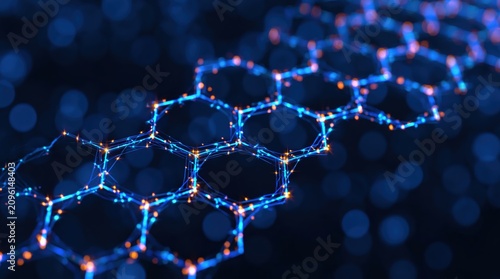 Abstract glowing blue graphene molecular structure for nanotechnology science tech