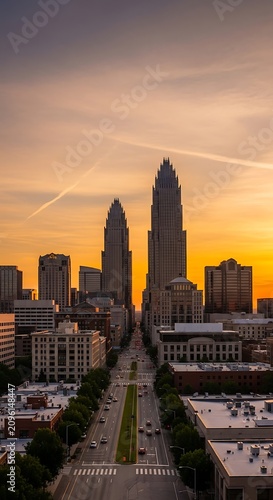 Skyline view of modern cityscape at dusk with skyscrapers.