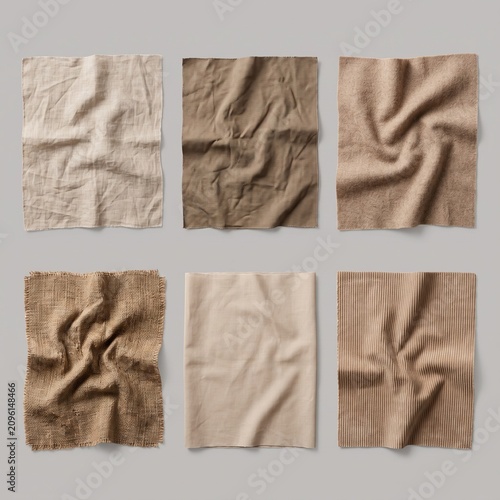 Six pieces of crumpled fabric in various neutral colors and textures.