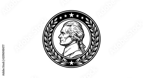 Konstfotografi Black and white illustration of Thomas Jefferson profile inside a laurel wreath emblem