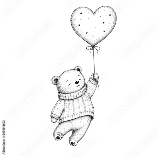 Niedlicher Teddybär im Strickpullover mit herzförmigem Luftballon. Liebevolle Illustration mit verspieltem Motiv, feinen Linien und freundlichem Ausdruck.