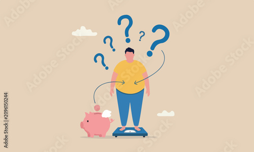 Obesity, overweight piggy bank cause gaining weight, belly disease, diabetes or nutrition problem concept, fatty man weighing on weight scale