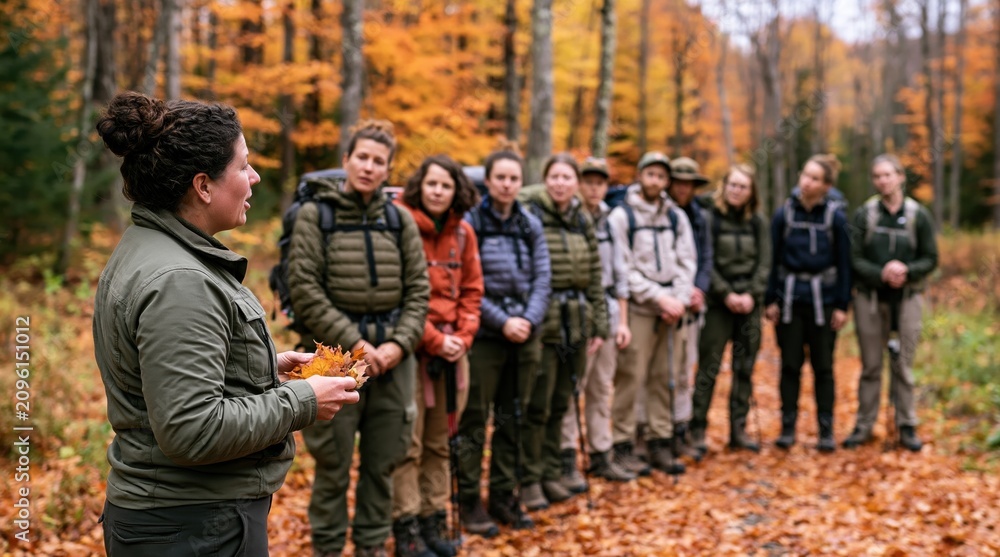 Obraz premium Hike with a park ranger leading a group of people hiking through an autumn forest