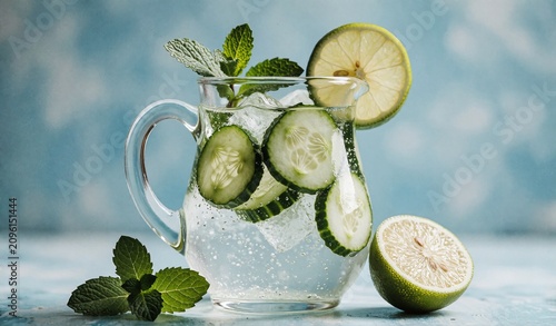 Refreshing Cucumber Mint Water Infusion Drink in Glass with Lime Slices