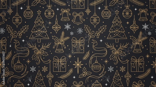 Luxury Christmas monoline icon seamless pattern on black background, elegant gold line art ornaments and xmas trees vector

