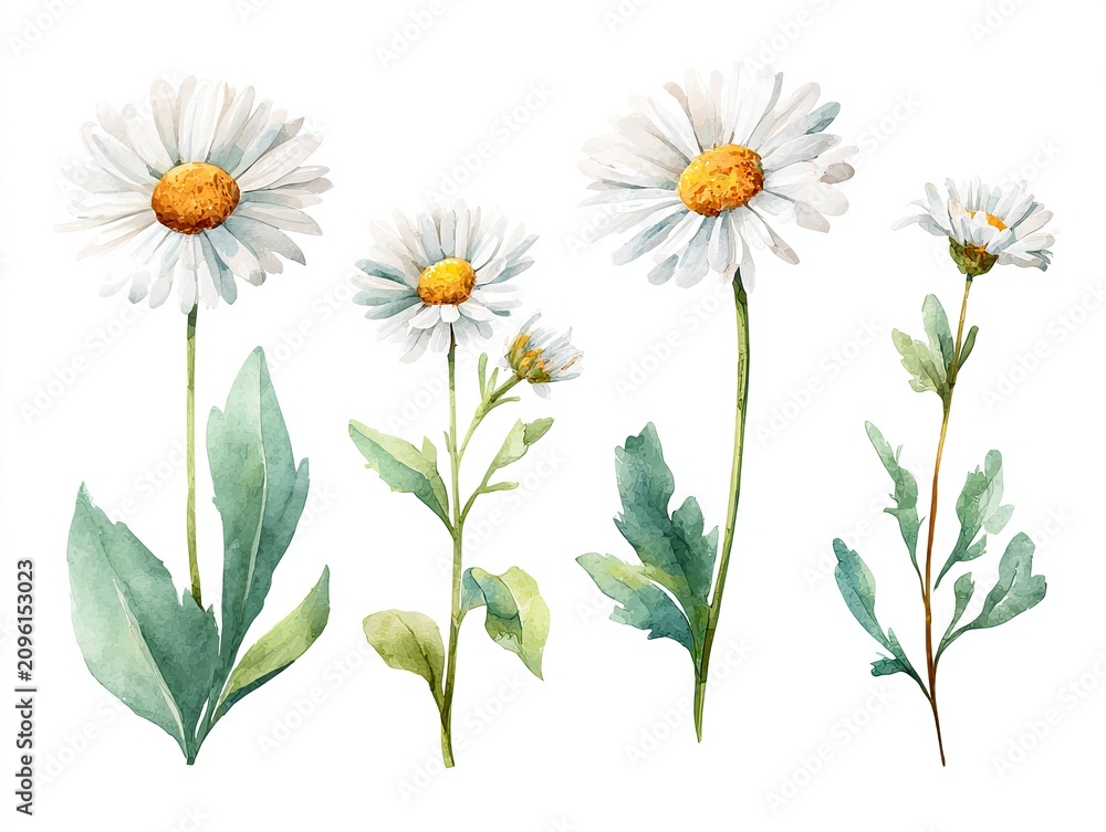 Fototapeta premium Delicate watercolor daisies with green stems and leaves on white