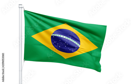 Cuadro en lienzo A vibrant brazilian flag waving gracefully on a white flagpole against a black b