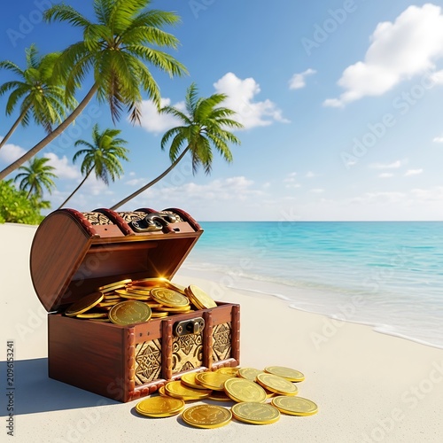 Tropical beach scene with coconut and seashells.