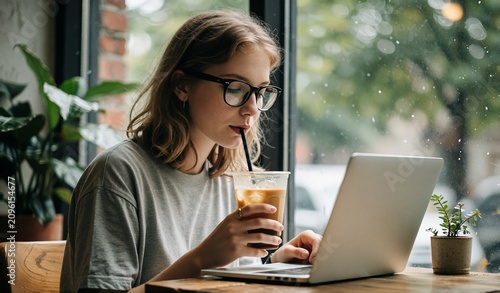 Young Woman Studying at Laptop by Rainy Window