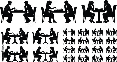 Photos People playing chess black silhouette vector icon set featuring players sitting