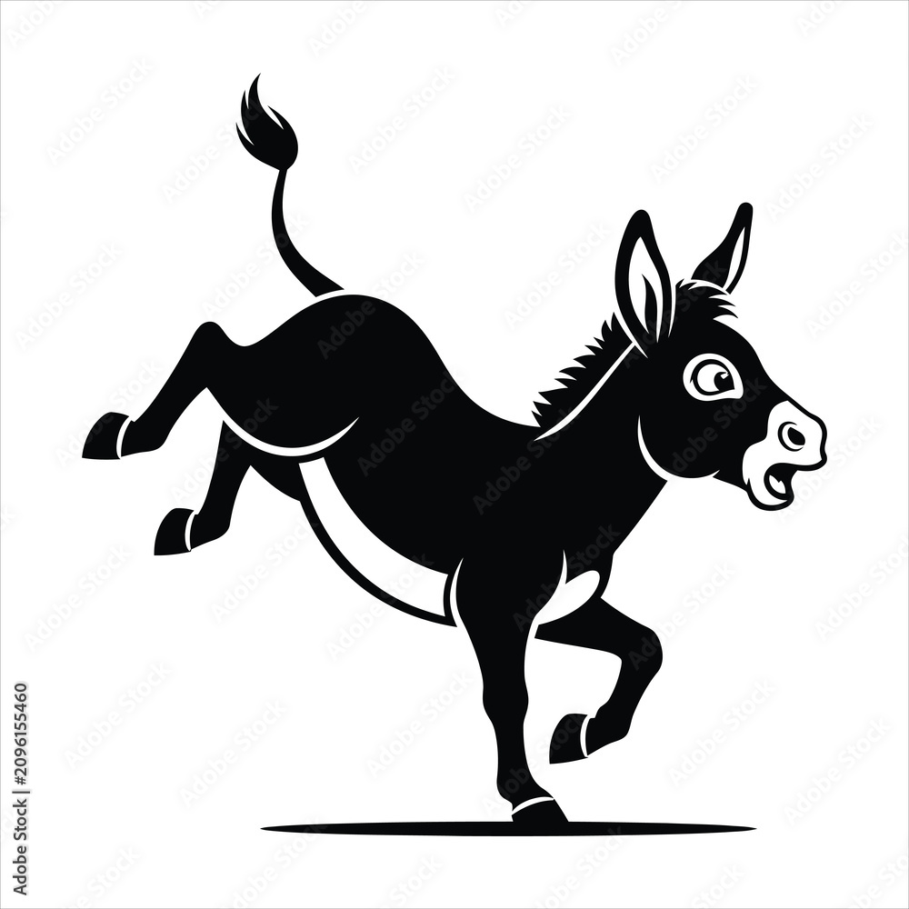 Fototapeta premium Playful donkey kicking back legs, isolated black and white vector silhouette