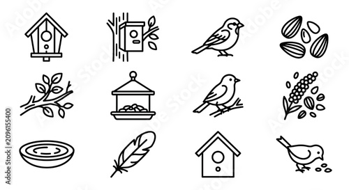 Obraz na płótnie Vector Icons: Birds, Birdhouse, Feeder, Seeds, Feather, Branch