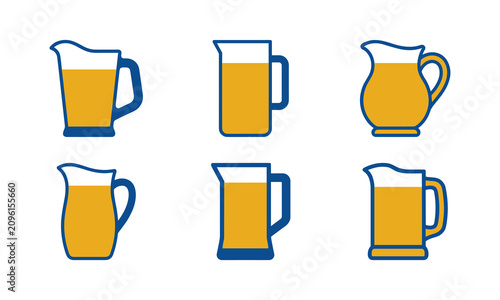 Set of vector illustrations of various pitchers, jugs, and mugs of kvass.