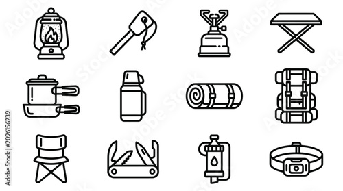 Camping Gear Icons: Lantern, Stove, Backpack, Tools, and More