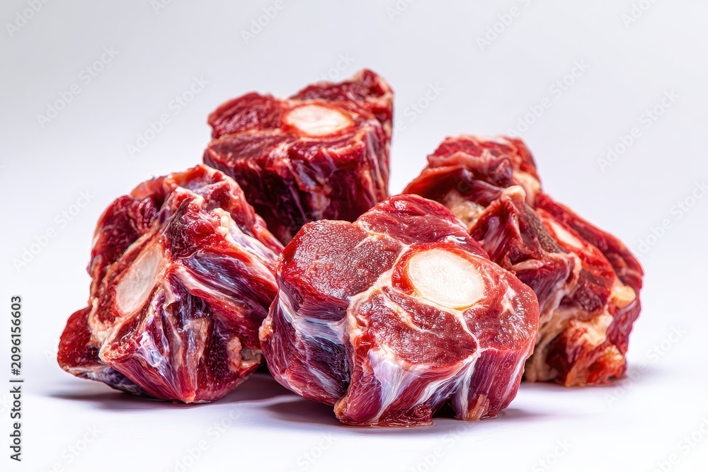 Obraz premium Raw beef tail portions arranged on white background, market-ready meat photography