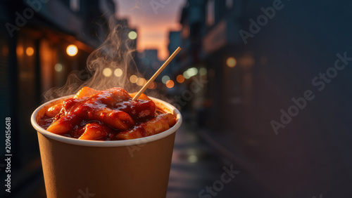 Spicy rice cake street food cup steam sauce night city spicy rice cake street food cup steam sauce night city alley warm snack comfort Local authentic street food concept