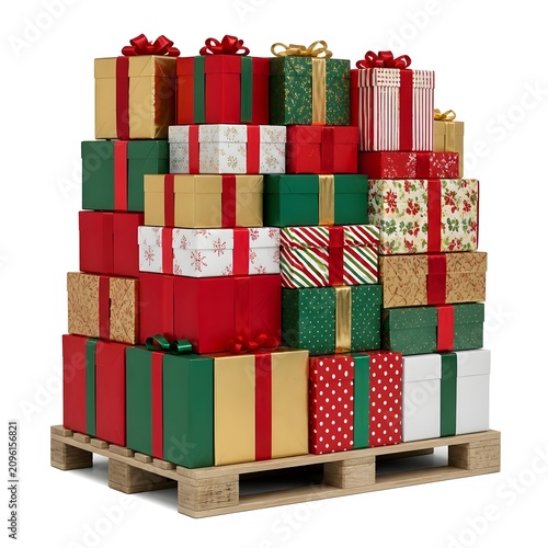Stacked gift boxes on wooden pallet ready for distribution