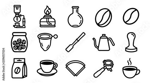Tableau sur toile Coffee Making Equipment Icons: Espresso Machine, Beans, Kettle, Cup, Filters, Ja
