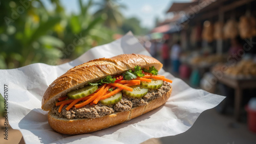 Vietnamese sandwich street food baguette sandwich pate cucumber carrot cilantro closeup outdoor market takeaway lunch snack delight Local authentic street food concept