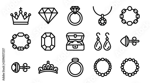 Fotografie Collection of Fine Jewelry Icons: Rings, Crowns, Bracelets, Earrings, Diamonds,