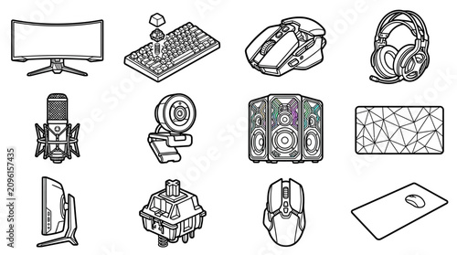 Foto Gaming Setup Icons: Monitor, Keyboard, Mouse, Headset, Microphone, Webcam, PC, M