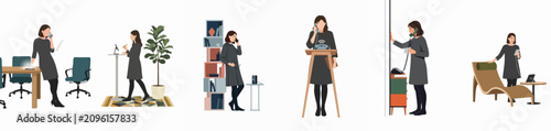 Flat vector illustrations of a professional woman multitasking in various modern office and home-work environments using phones, tablets and standing desks.