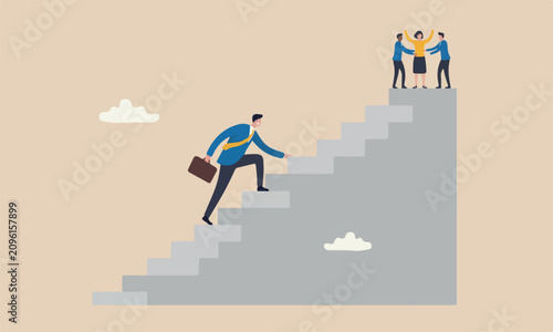 Business businessman with full effort climb up big step ladder or stairway