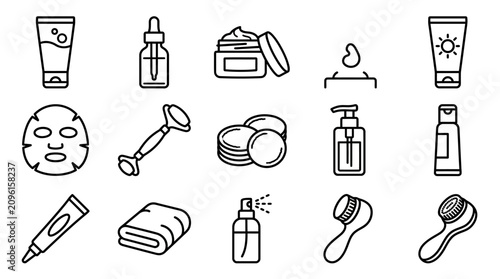 Tableau sur toile Skincare Routine Icons: Beauty Products, Face Masks, Rollers, Cleansers, and Ser