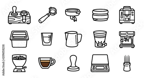 Foto Coffee Making Equipment Icons: Espresso Machine, Grinder, Tamper, Portafilter, C
