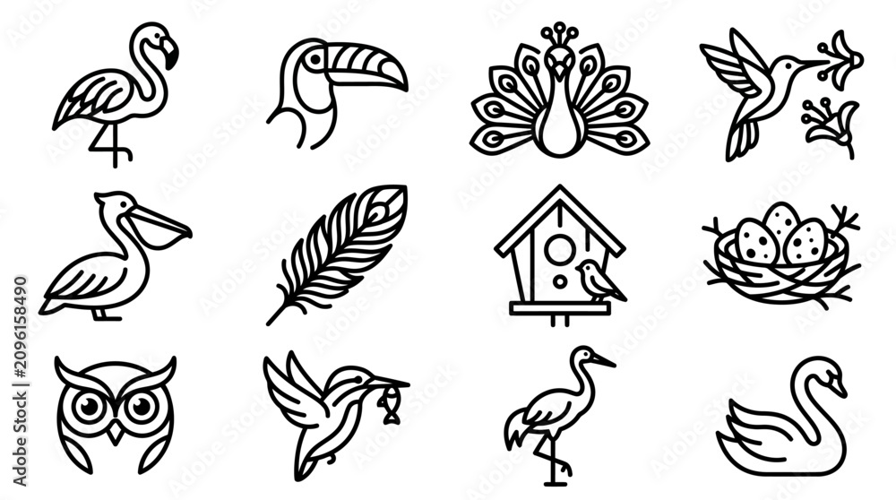 Obraz premium Charming Line Art Icons of Diverse Birds: Flamingo, Toucan, Peacock, Hummingbird, Pelican, Owl, Swan