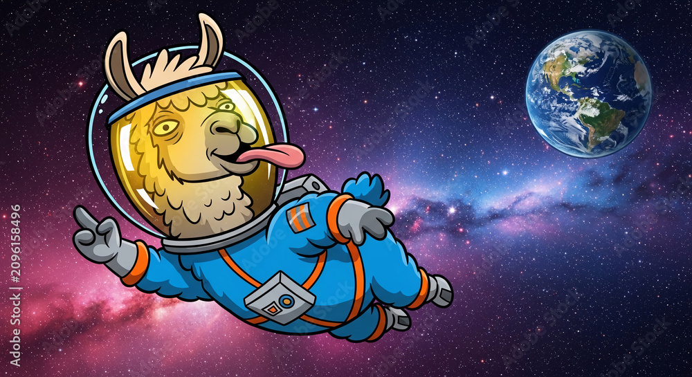 Fototapeta premium Cartoon llama in a spacesuit floats in colorful nebula, with Earth visible, representing adventure, exploration, and humor in space