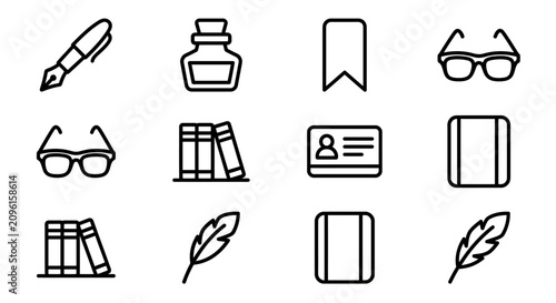 Photos Set of icons: pen, ink, bookmark, glasses, books, ID card, notebook for educatio