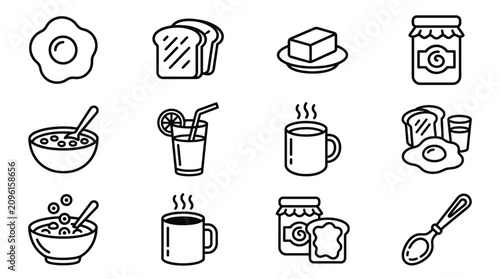 Foto Breakfast Icons: Fried Egg, Toast, Jam, Cereal, Juice, Coffee, Spoon - Line Art