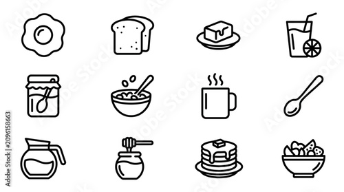 Foto Breakfast Icons: Fried Egg, Toast, Butter, Juice, Jam, Cereal, Coffee, Spoon, Ju