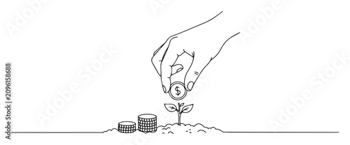Fotografie investment and growth metaphor with coin and sprout line art