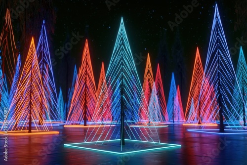 Neon led christmas tree installation glowing at night in a sharp focus futuristic shot for holiday event marketing