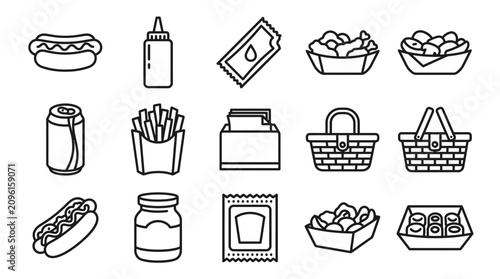 Fast Food Icons Set: Hot Dogs, Fries, Drinks, Sauces, and Baskets - Line Art