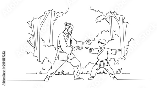 martial arts master teaching child outdoors