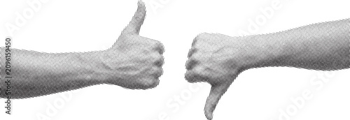 Canvastavla Halftone collage element Thumbs up and thumbs down hand gestures