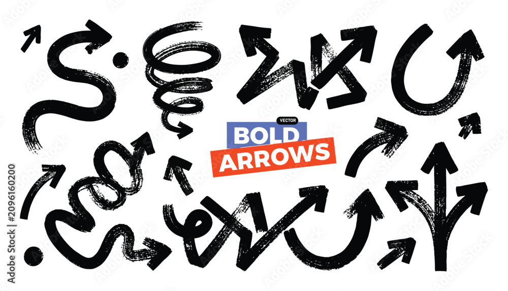 Fototapeta premium Bold grunge brush stroke arrows vector set with directional pointer signs and doodles