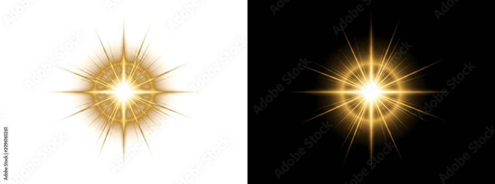 Fototapeta premium Amber lens flare with radiant star burst and glowing halo ring for cinematic overlay design in PNG, Transparent and Black Background Versions