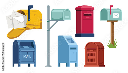 Obraz na plátně Mailbox vector illustrations set featuring classic vintage and modern post boxes