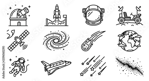 Fotografía Space Exploration Icons: Rocket, Astronaut, Earth, Galaxy, Spaceship, Telescope