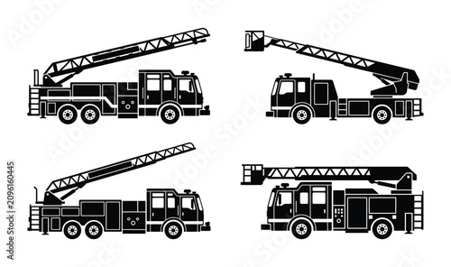 Set of black silhouette fire truck icons with extendable ladders for emergency services